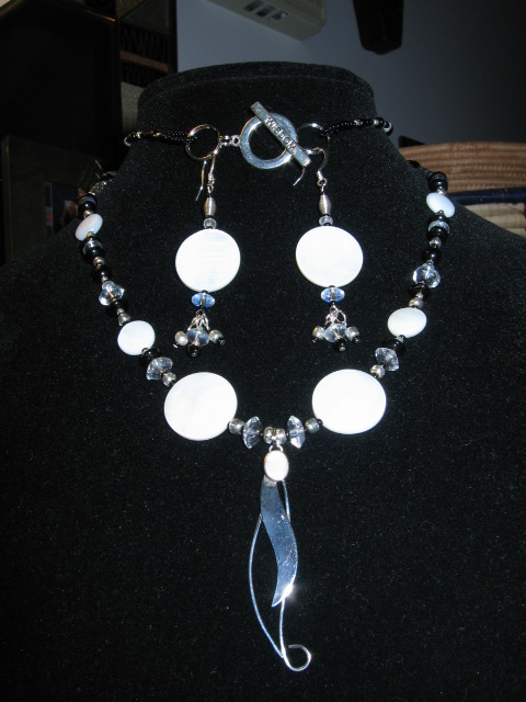 Sterling Silver and Mother of Pearl with Crystal and Clear Glass Necklace 